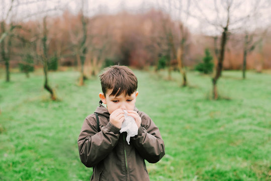 The boy blows his nose in the scarf. Allergy is due to flowering. Snotty nose of a boy (child).