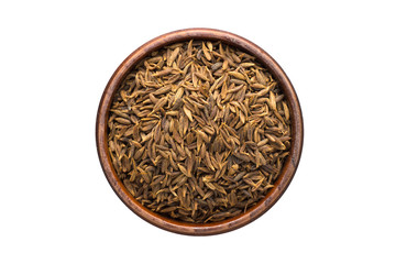 zira black spice in wooden bowl, isolated on white background. Seasoning top view