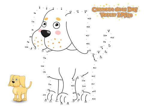 Connect The Dots and Draw Cute Cartoon Dog Puppy Labrador. Educational Game for Kids. Vector Illustration.