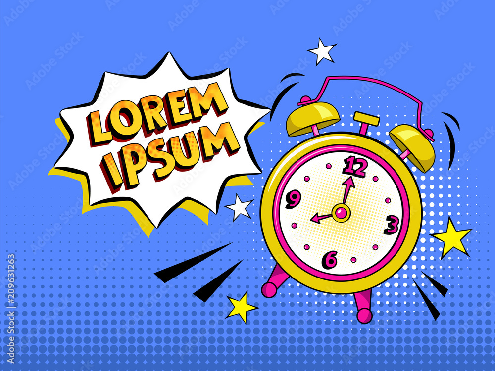 Aufkleber pop art background with comic alarm clock ringing with speech bubble with your own text. vector brig