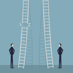 risk in career promotion concept. Two businessmen standing and climbing corporate ladders. Business concept of job progress.
