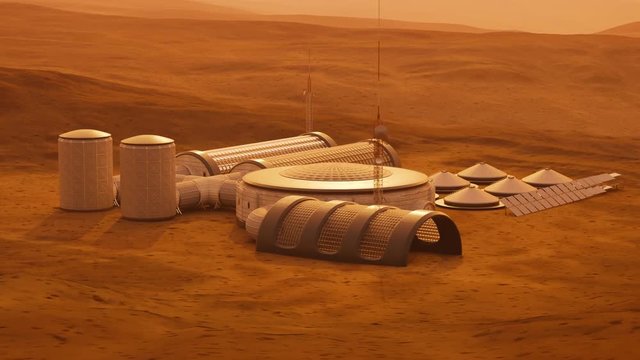 Mars base, building process. Expedition on alien planet. Martian colony.