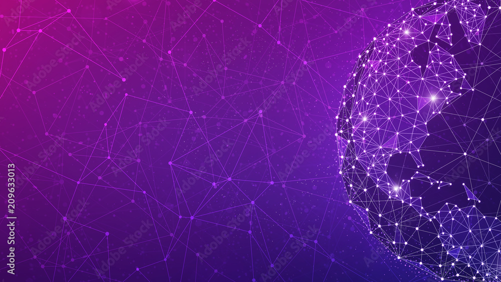 Poster blockchain technology futuristic hud ultraviolet background with world globe and blockchain polygon 