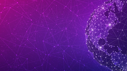 Blockchain technology futuristic hud ultraviolet background with world globe and blockchain polygon peer to peer network. Global cryptocurrency block chain violet business banner concept - copy space.