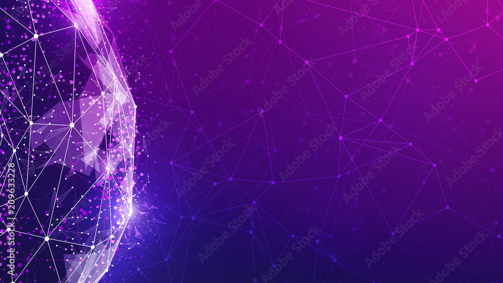 Poster blockchain technology futuristic hud ultraviolet background with world globe and blockchain polygon 