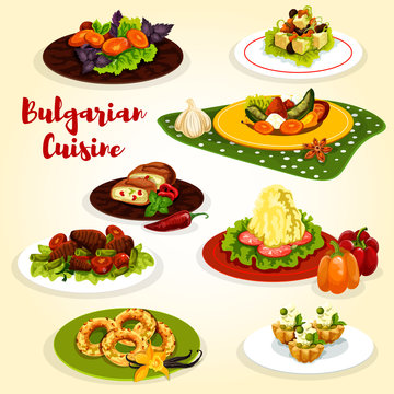 Bulgarian cuisine dinner dish with dessert icon