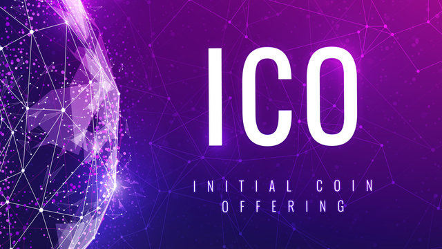ICO initial coin offering futuristic ultraviolet hud background with world map and blockchain peer to peer network. Global cryptocurrency ICO coin sale event - blockchain business banner concept.