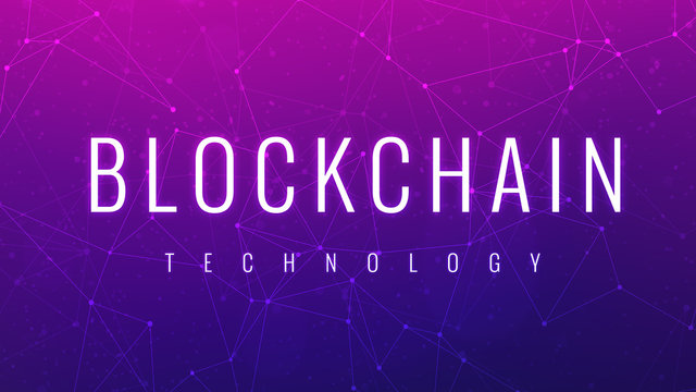Blockchain technology wording on futuristic hud ultraviolet polygon background with blockchain peer to peer network. Network, e-business global cryptocurrency blockchain business concept