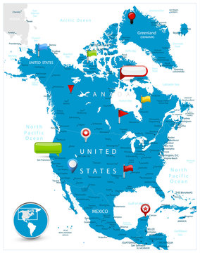 North America Map and glossy icons on map