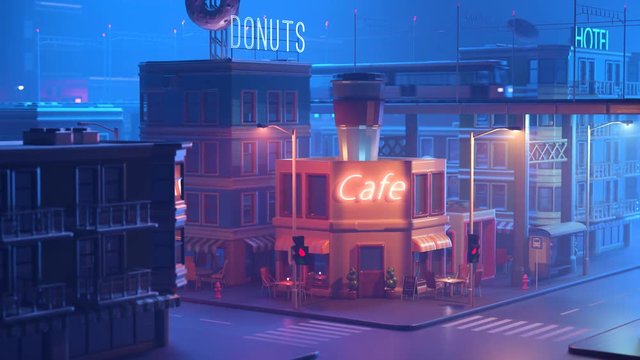 Stylized street corner with coffee shop, neons and vehicles with heavy fog. 4K