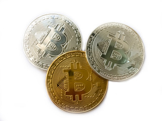 crypto currency golden and white bitcoin isolated on white background.