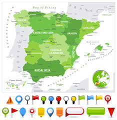 Obraz premium Spain Map Spot Green Colors and glossy icons
