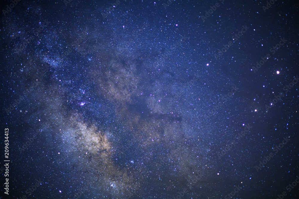 Wall mural milky way galaxy with cloud and space dust in the universe, long exposure photograph, with grain.