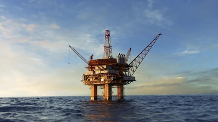 Offshore platform or oil rig in the open ocean producing natural gas for energy. - Powered by Adobe