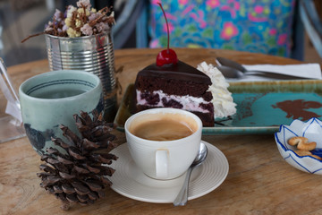 Hot coffee with chocolate cakes

