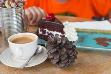 Hot coffee with chocolate cakes

