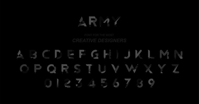 Original font a set of letters and numbers in dark camouflage for creative design template. Flat illustration EPS10