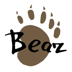 The paw print of a bear. The brown of the trail with the inscription. Vintage vector illustration. Calligraphy handwritten text design.