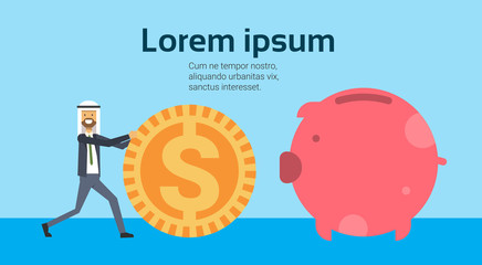 arabic businessman rolling dollar coins to piggy box, successful arab business man accumulation of wealth growing financial success teamwork concept copy space flat banner vector illustration