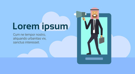 arab businessman talking megaphone tablet background, arabic man traditional clothes, muslim business agreement and partnership, copy space, flat vector illustration