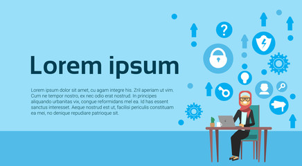 arab businesswoman sitting at office desk hold laptop, new idea icon concept, business woman hard working process, flat, copy space vector illustration