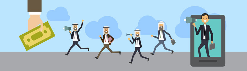 arab businessman tablet talking megaphone with business team, arabic group business suit go to dollar banknote, career success concept, full length business partnership,banner copy space, flat vector