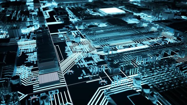 Loopable shot of illuminated glowing blue motherboard with electronic components