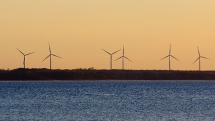Turbiny wiatrowe przy morzu bałtyckim na estońskim wybrzeżu - odnawialne źródła energii z morskiego wiatru - obrazy, fototapety, plakaty