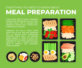 Vector template for magazine article about meal preparation. Portion of food in container and bowl with snacks. Healthy lifestyle food. Meat rice and salad. Meal prep illustration for blog.