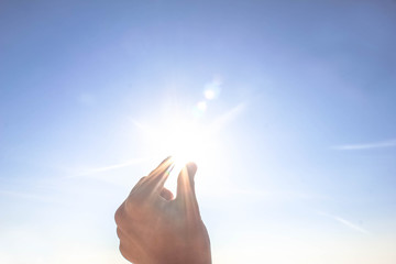 hand sun and blue sky with copyspace, hand sun and blue sky with copyspace for text message
