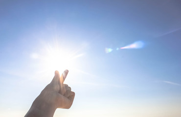 hand sun and blue sky with copyspace, hand sun and blue sky with copyspace for text message