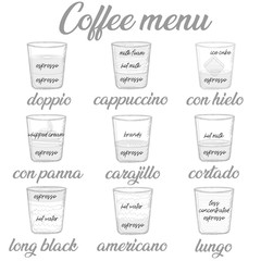 Different coffee in vintage style drawing