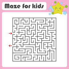 Black square maze with entrance and exit. With a lovely cartoon star. Simple flat vector illustration isolated on white background.