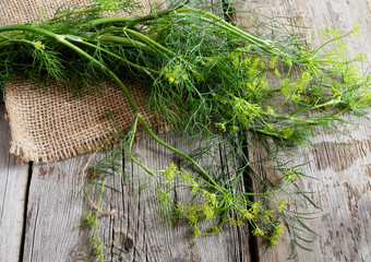 bunch of dill on a wooden table
