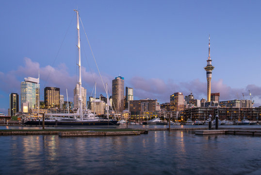 Scenery view of Viaduct Harbour in the central of Auckland, New Zealand at sunset.
