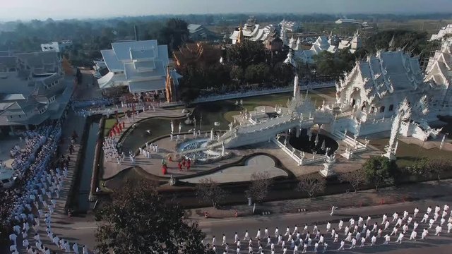 Aerial shot. 3 shots. Around Temple Wat Rog Kuhn (white temple) ,Chiang rai , Thailand in the morning
