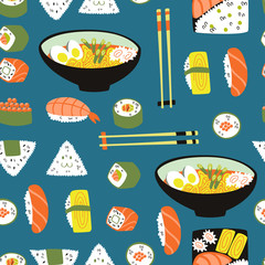 Japanese Food Hand Drawn Doodle Seamless Pattern.