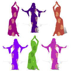 Fototapeta na wymiar Collection of girls dancing, oriental dance, in multi-colored dresses, with a pattern of branches with leaves, summer design for decoration,