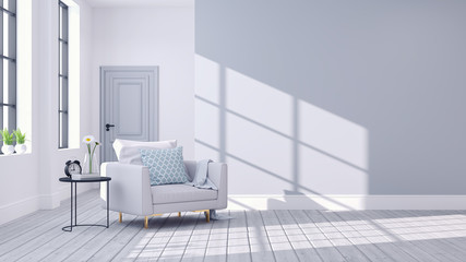 Modern scandinavian of living room interior concept, White sofa with black table on wood floor ,3D render
