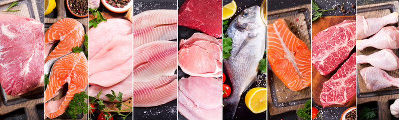 food collage of various fresh meat, chicken and fish