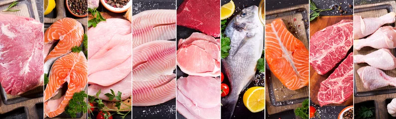 Fototapete Fleish Lebensmittelcollage aus verschiedenem Frischfleisch, Hühnchen und Fisch