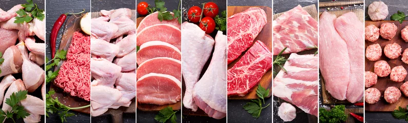 Keuken foto achterwand Vlees voedselcollage van verschillende soorten vers vlees en kip