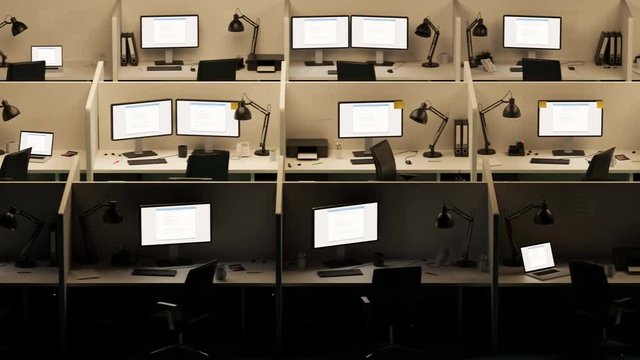 Modern office cubicles. Red error screen showing in the computer screens.