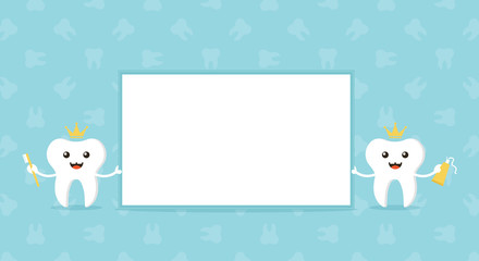 Couple of cute cartoon teeth characters holding blank, empty card. World Oral Health Day vector illustration, banner, header.