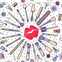 Makeup seamless pattern composition - lips. Illustrations of different cosmetics. Lipstick and pomade, brushes for make up glamour. Vector background