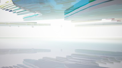 Fototapeta premium Abstract white and colored gradient glasses interior multilevel public space with window. 3D illustration and rendering.