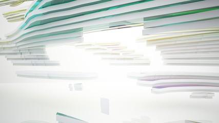 Fototapeta premium Abstract white and colored gradient glasses interior multilevel public space with window. 3D illustration and rendering.