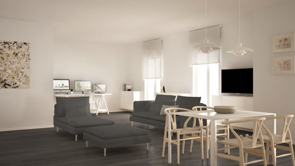 Scandinavian contemporary living room open space with dining table, sofa and chaise longue, office, home workplace with computers, minimal modern white and gray interior design