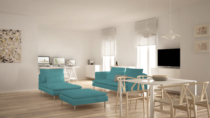 Scandinavian contemporary living room open space with dining table, sofa and chaise longue, office,...
