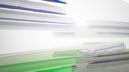 Abstract white and colored gradient glasses interior multilevel public space with window. 3D illustration and rendering.